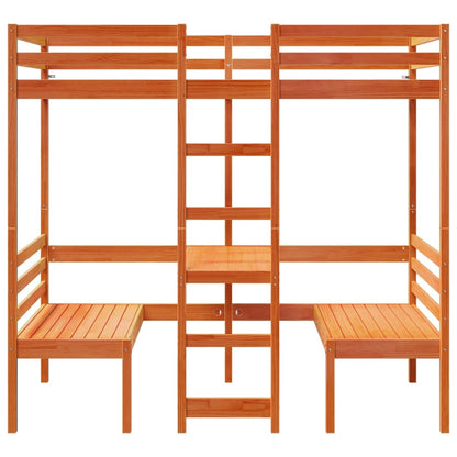 vidaXL Loft Bed Frame with Desk and Chairs Wax Brown 75x190cm Solid Wood Pine