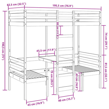 vidaXL Loft Bed Frame with Desk and Chairs Wax Brown 75x190cm Solid Wood Pine