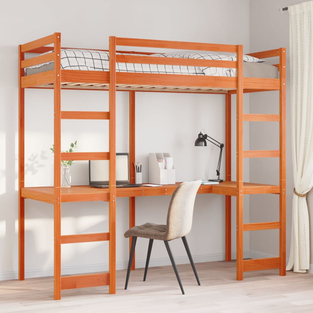 vidaXL Loft Bed Frame without Mattress Wax Brown 75x190 cm Small Single Solid Wood Pine