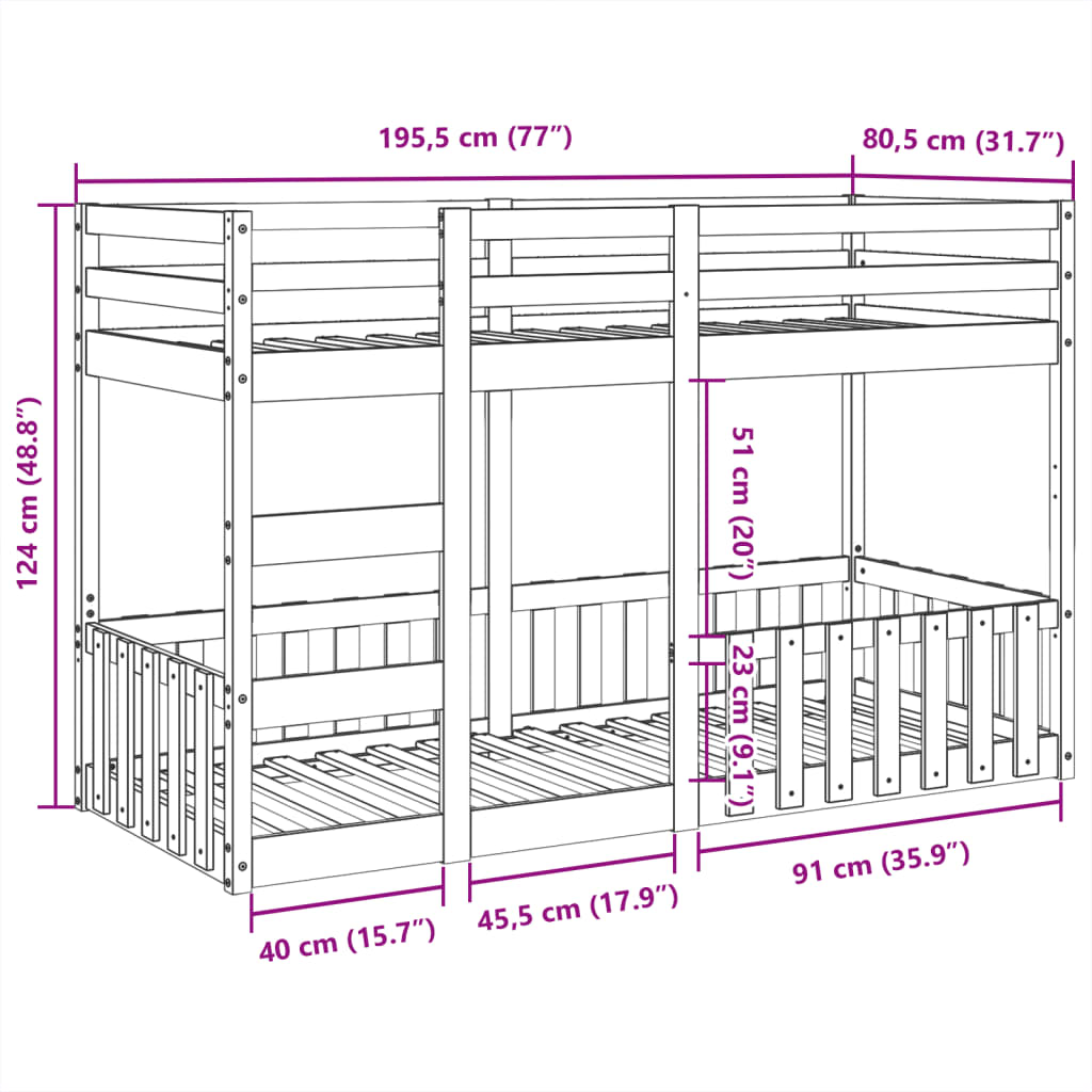 vidaXL Bunk Bed Wax Brown 75x190 cm Solid Wood Pine