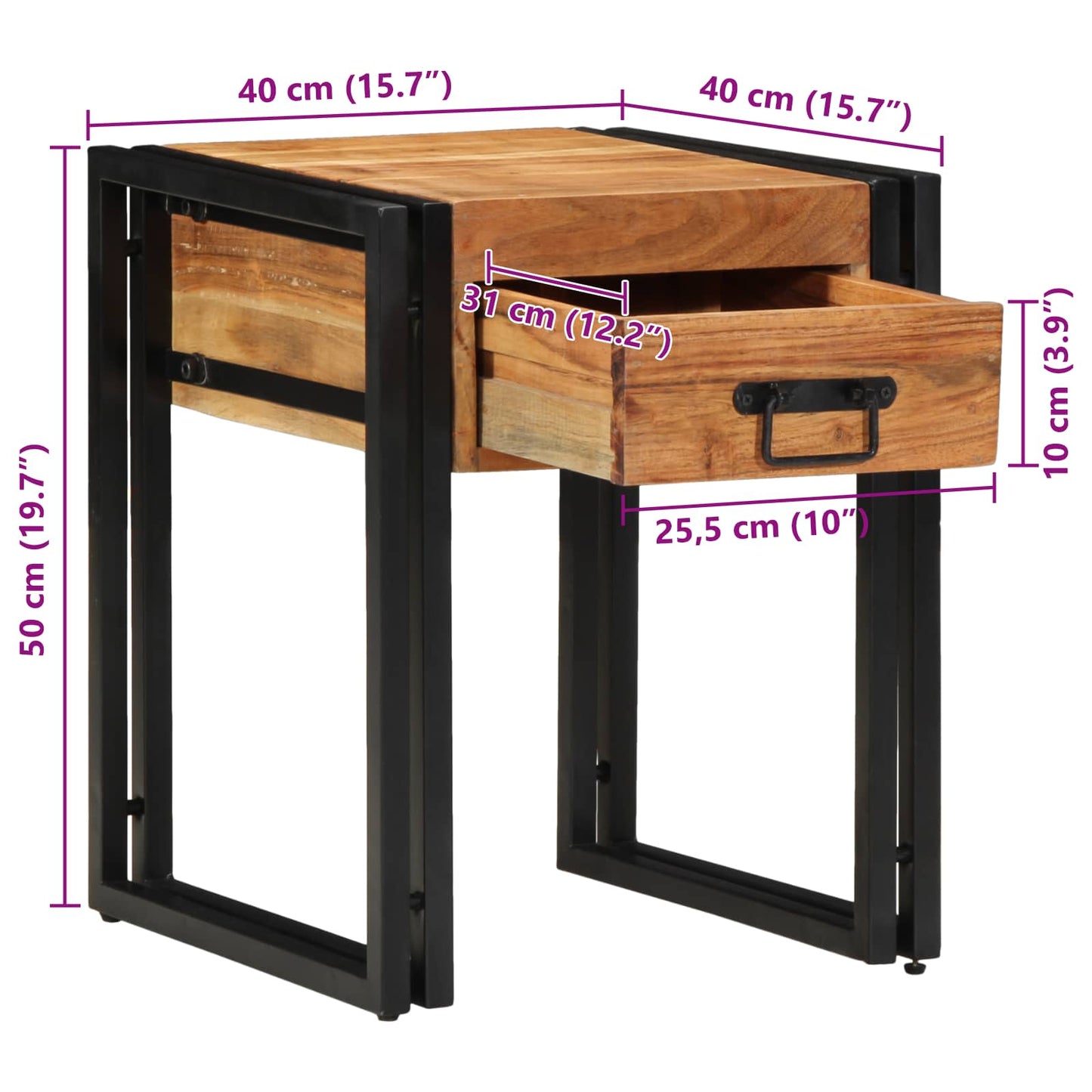 vidaXL End Table Brown and Black 40 x 40 x 50 cm Solid Acacia Wood