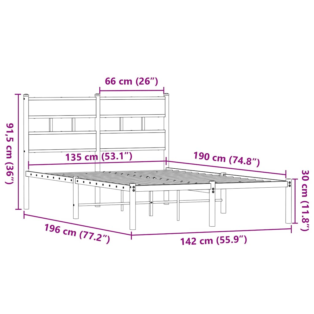 vidaXL Metal Bed Frame without Mattress Smoked Oak 135x190 cm Double