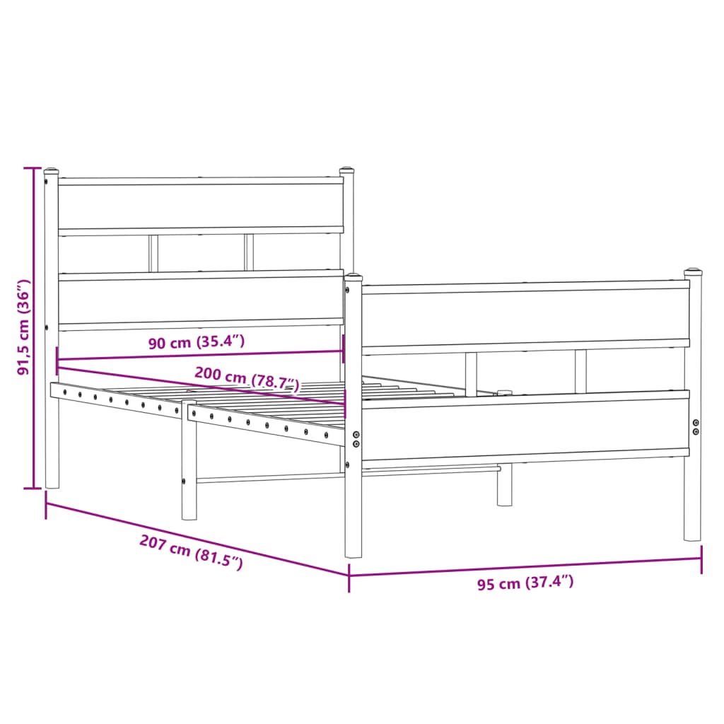 vidaXL Metal Bed Frame without Mattress Smoked Oak 90x200 cm