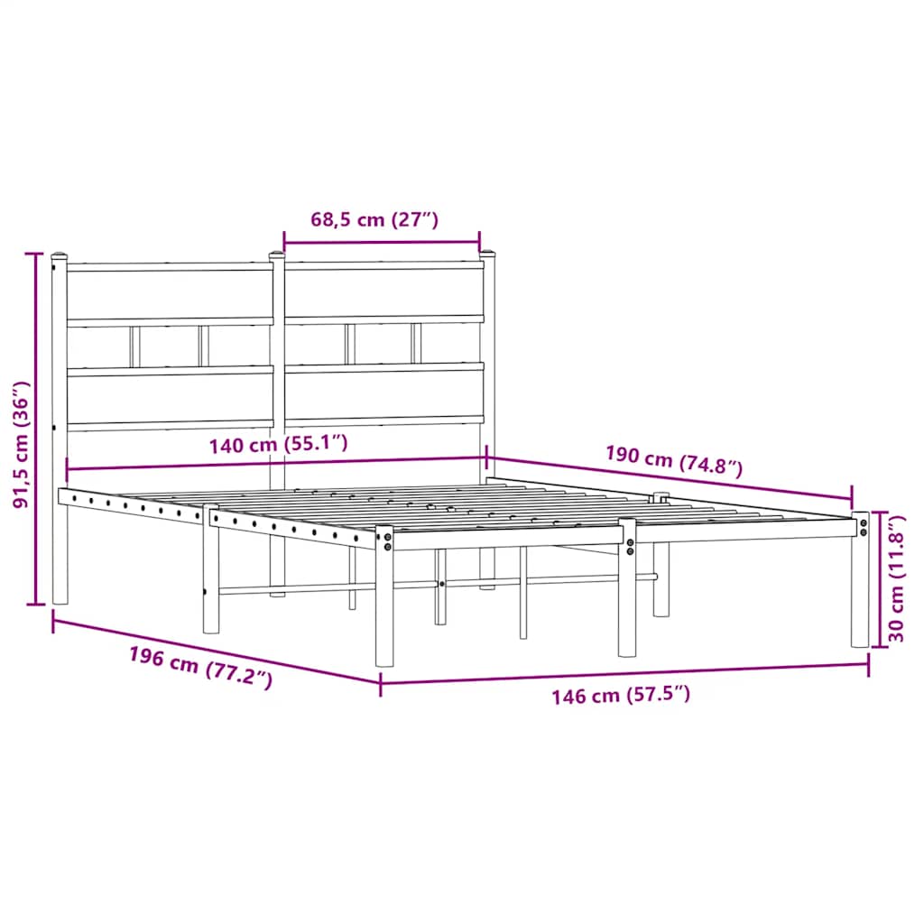 vidaXL Metal Bed Frame without Mattress Sonoma Oak 140x190 cm