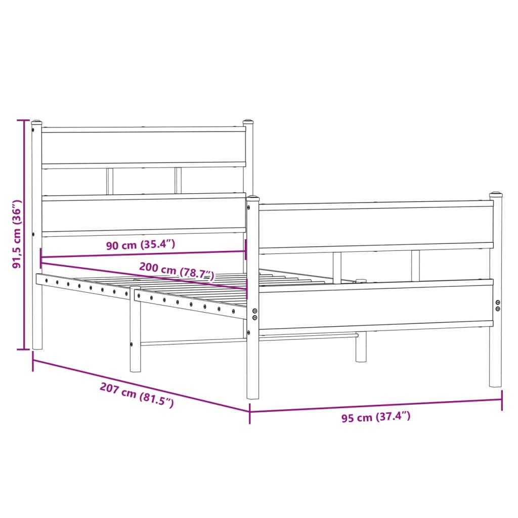 vidaXL Metal Bed Frame without Mattress Sonoma Oak 90x200 cm