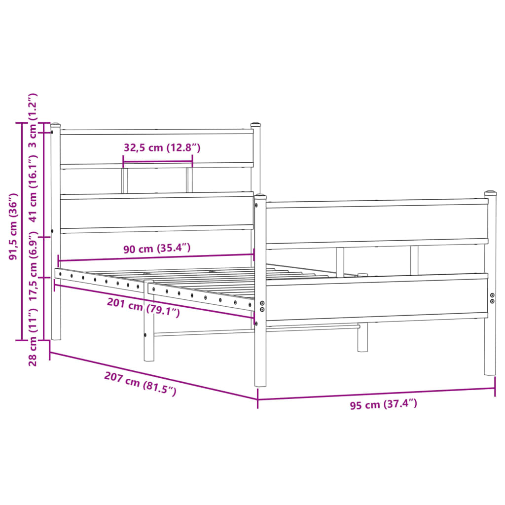 vidaXL Bed Frame without Mattress with Headboard and Footboard 90x200 cm