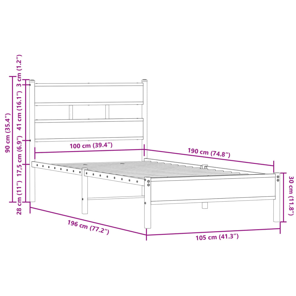 vidaXL Bed Frame without Mattress with Headboard Sonoma Oak 100x190 cm