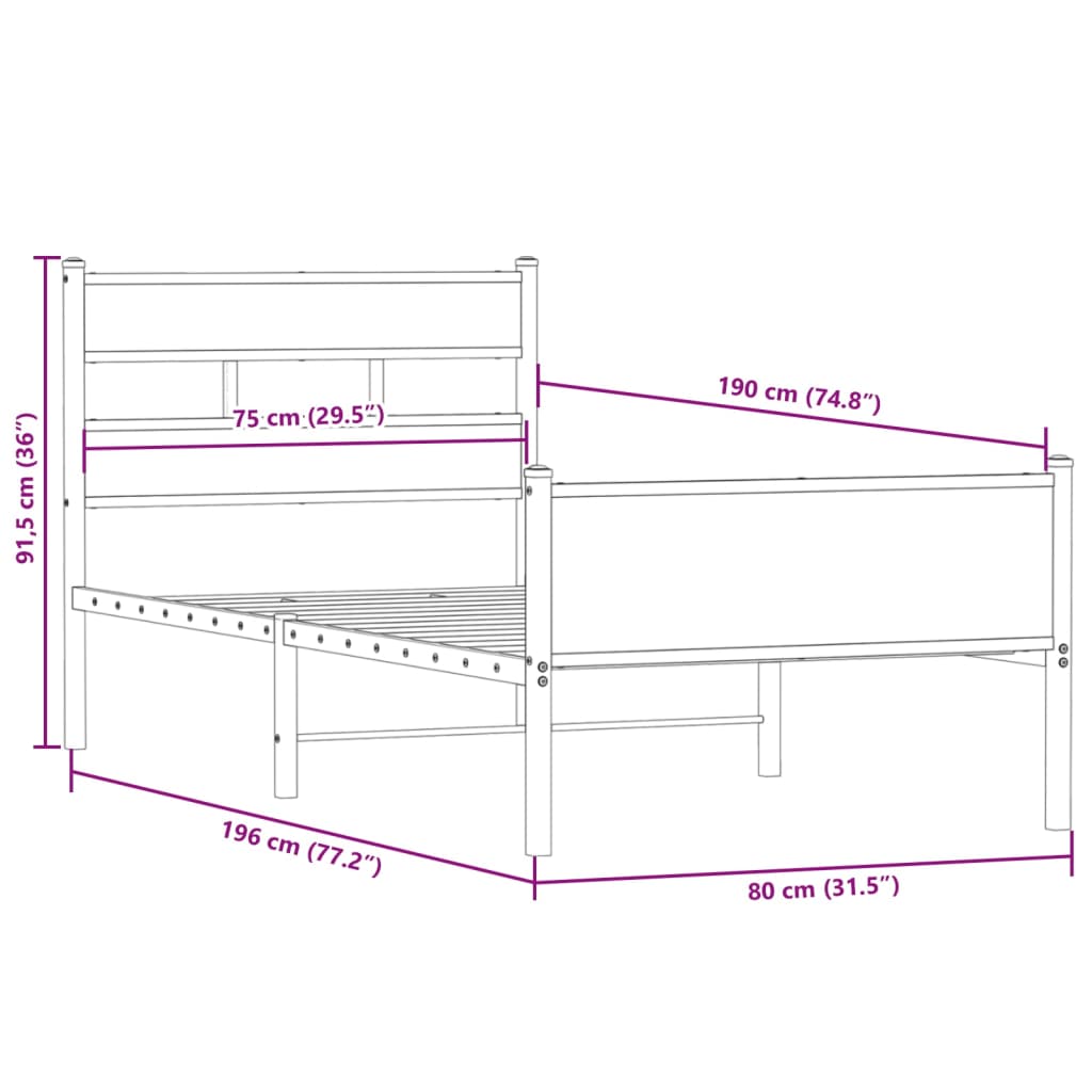 vidaXL Bed Frame without Mattress Smoked Oak 75x190 cm Small Single Engineered Wood