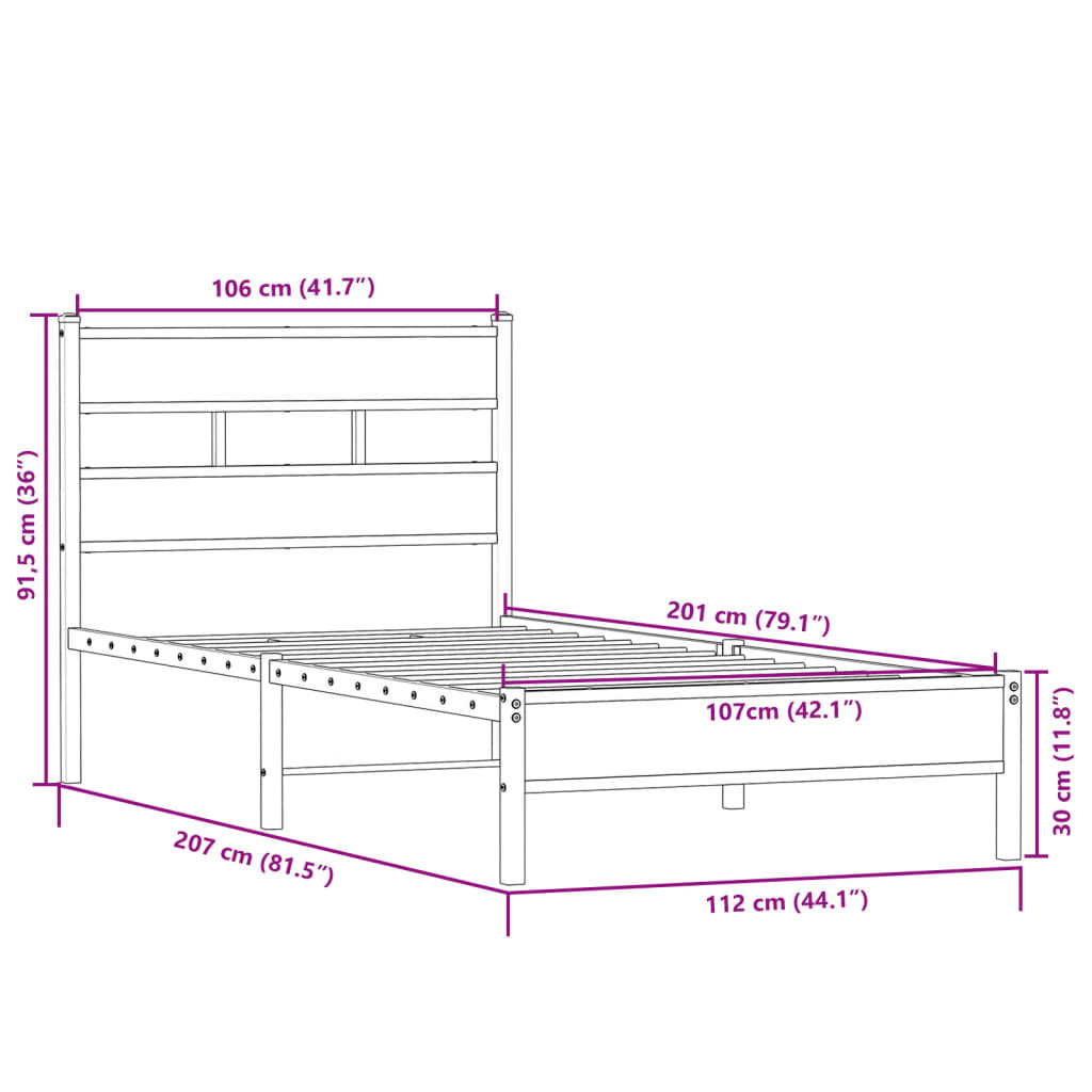vidaXL Bed Frame without Mattress Sonoma Oak 107x203 cm Engineered Wood