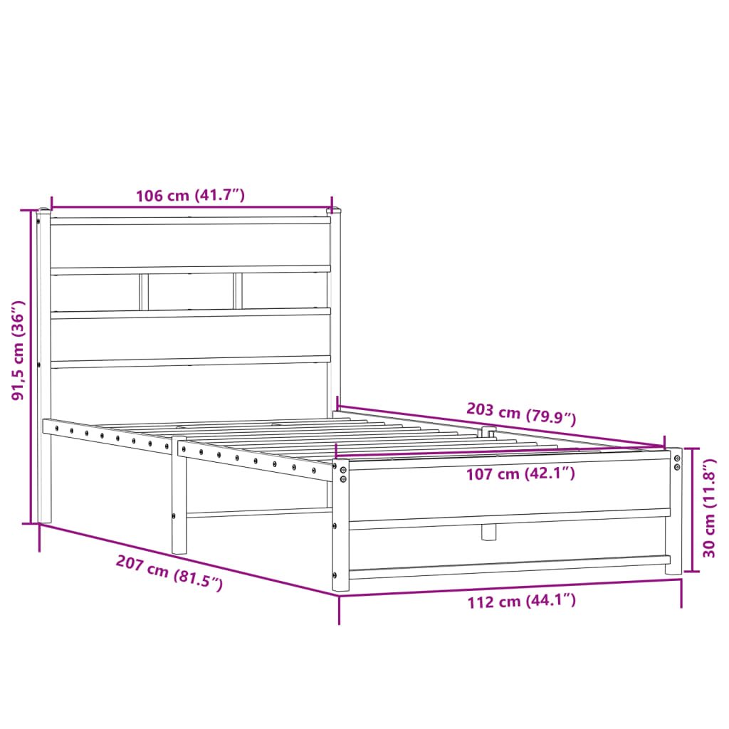 vidaXL Metal Bed Frame without Mattress Sonoma Oak 107x203 cm