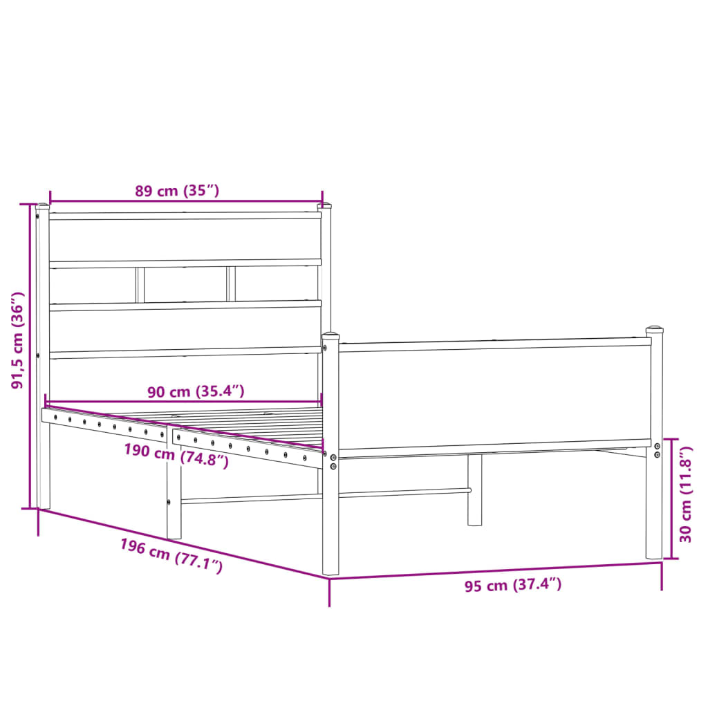 vidaXL Bed Frame without Mattress Sonoma Oak 90x190 cm Single Engineered Wood