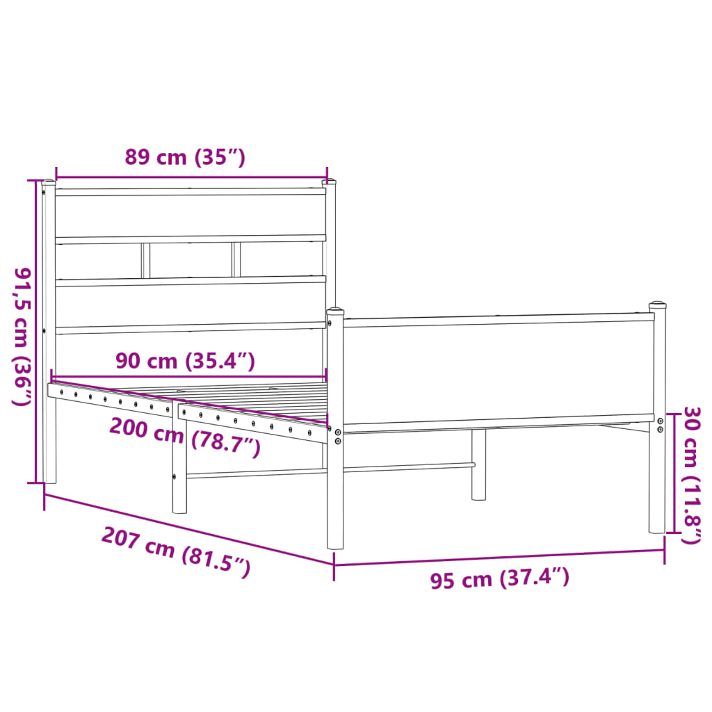 vidaXL Bed Frame without Mattress Sonoma Oak 90x200 cm Engineered Wood