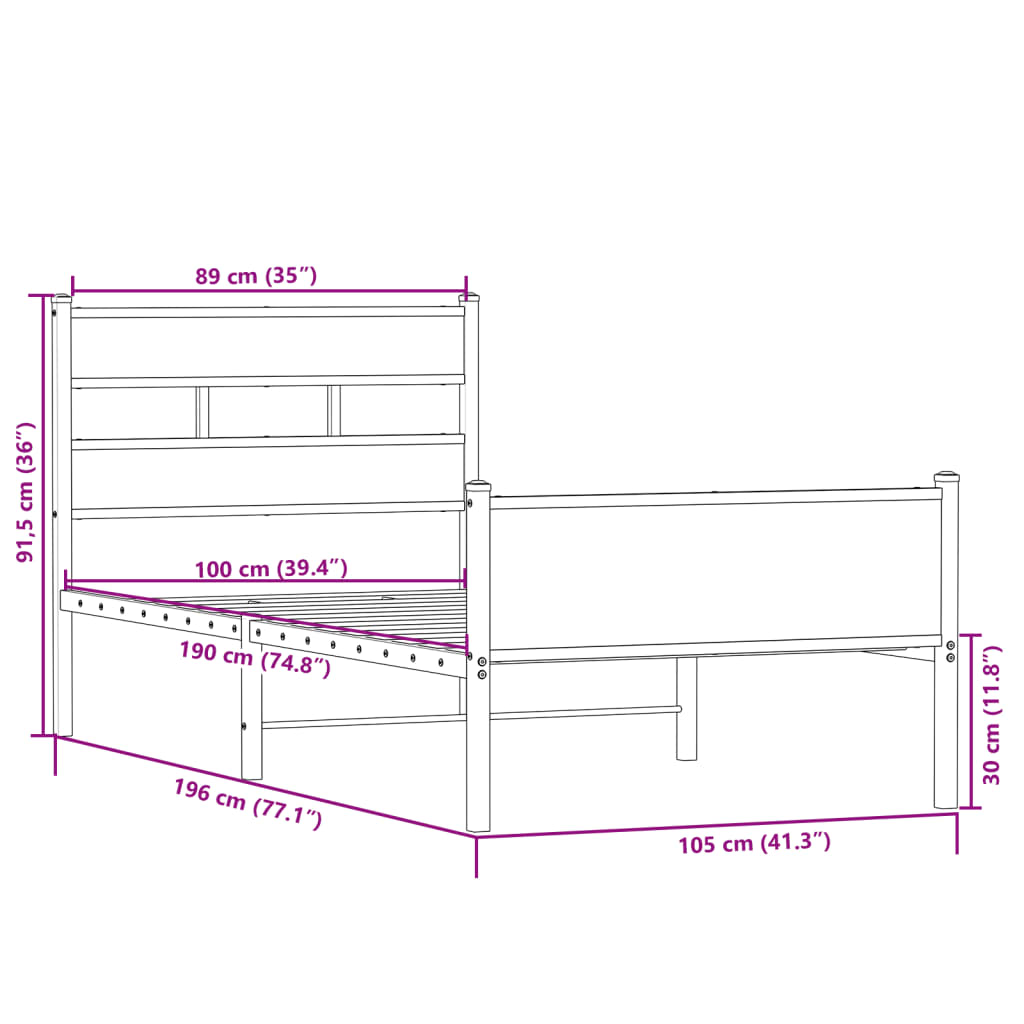 vidaXL Bed Frame without Mattress Sonoma Oak 100x190 cm Engineered Wood