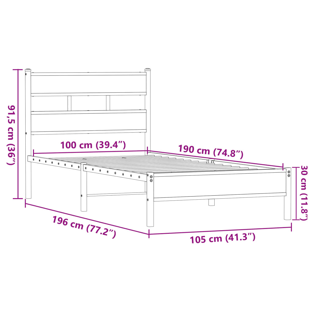 vidaXL Bed Frame without Mattress Brown Oak 100x190 cm Engineered Wood