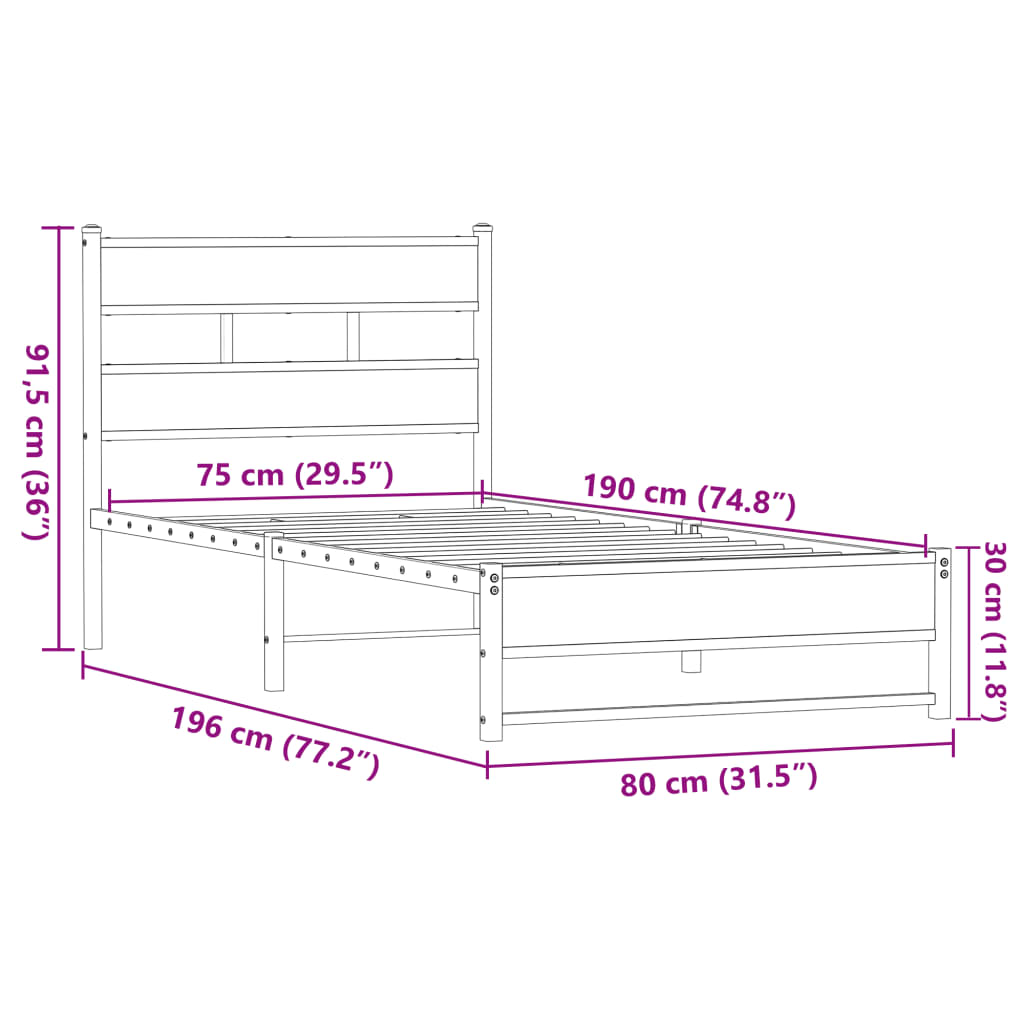 vidaXL Metal Bed Frame without Mattress Brown Oak 75x190 cm Small Single