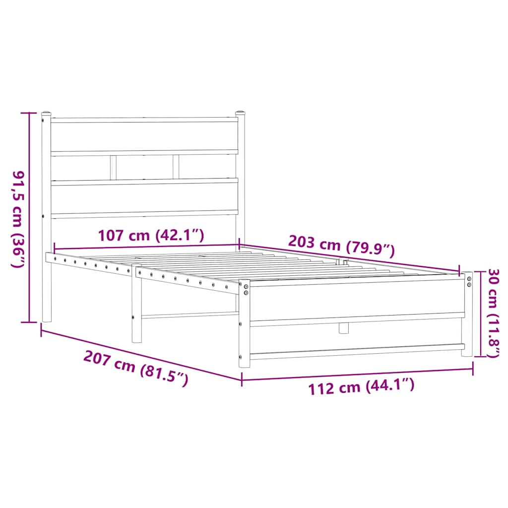 vidaXL Metal Bed Frame without Mattress Brown Oak 107x203 cm