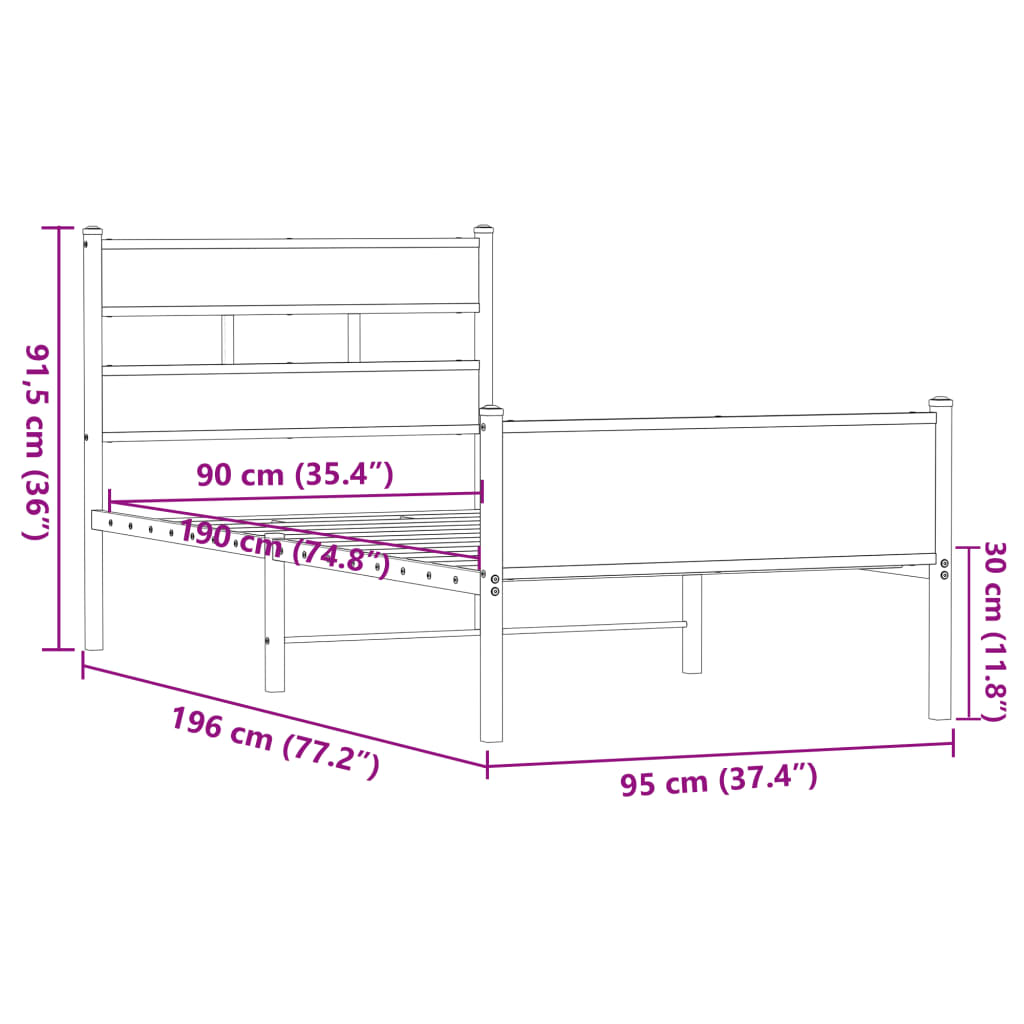 vidaXL Bed Frame without Mattress Brown Oak 90x190 cm Single Engineered Wood