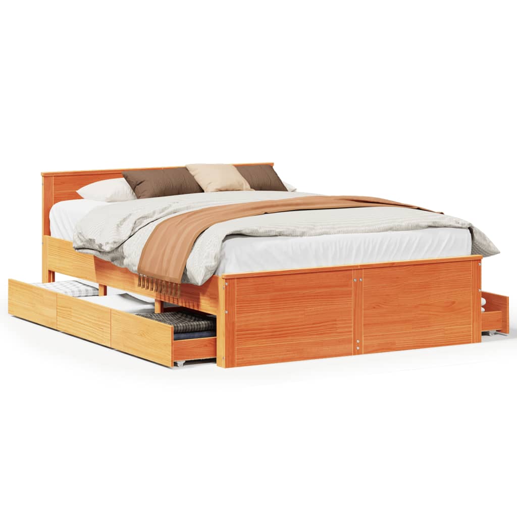 vidaXL Bed Frame without Mattress with Headboard Wax Brown 140x200 cm Solid Wood Pine