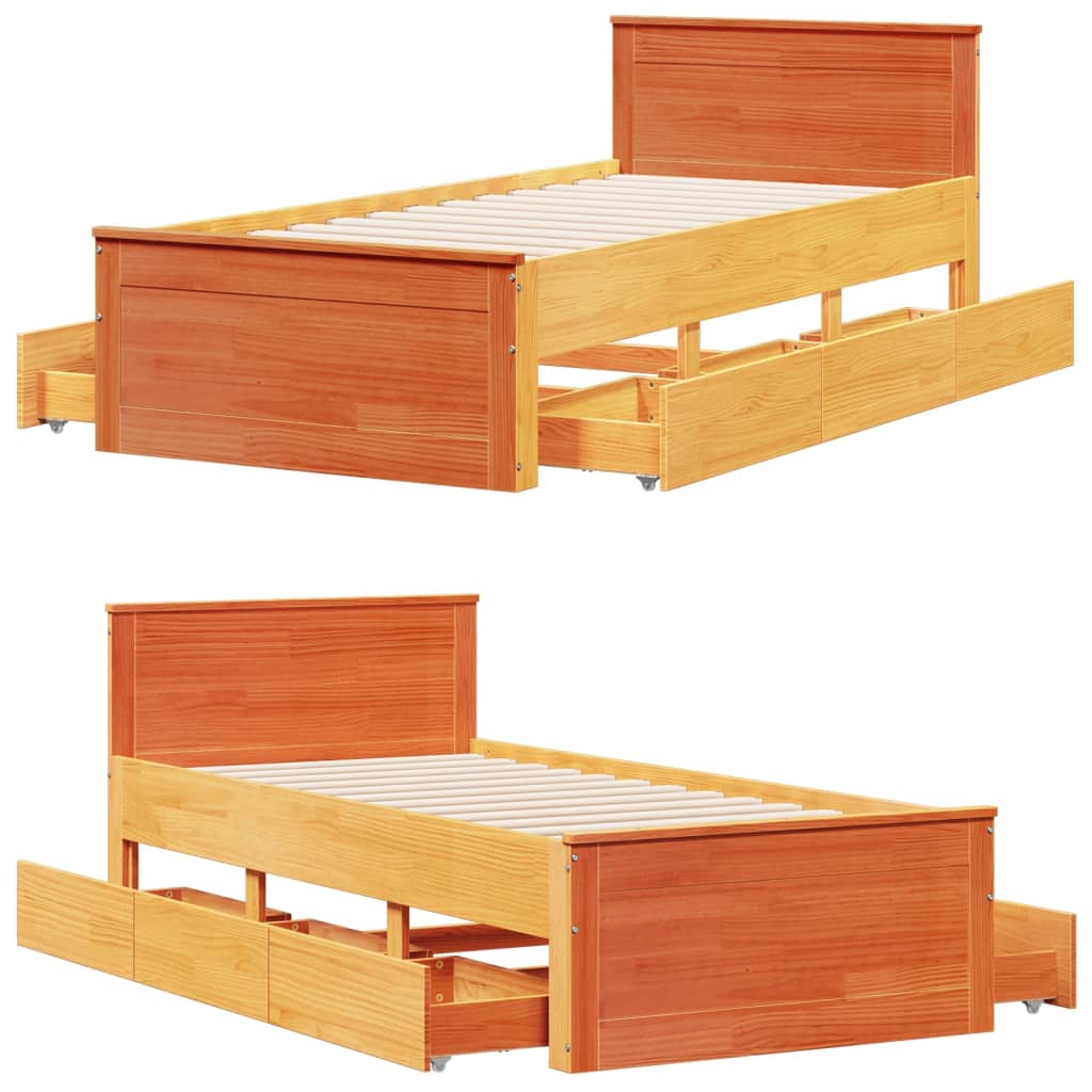 vidaXL Bed Frame without Mattress with Headboard Wax Brown 90x200 cm Solid Wood Pine