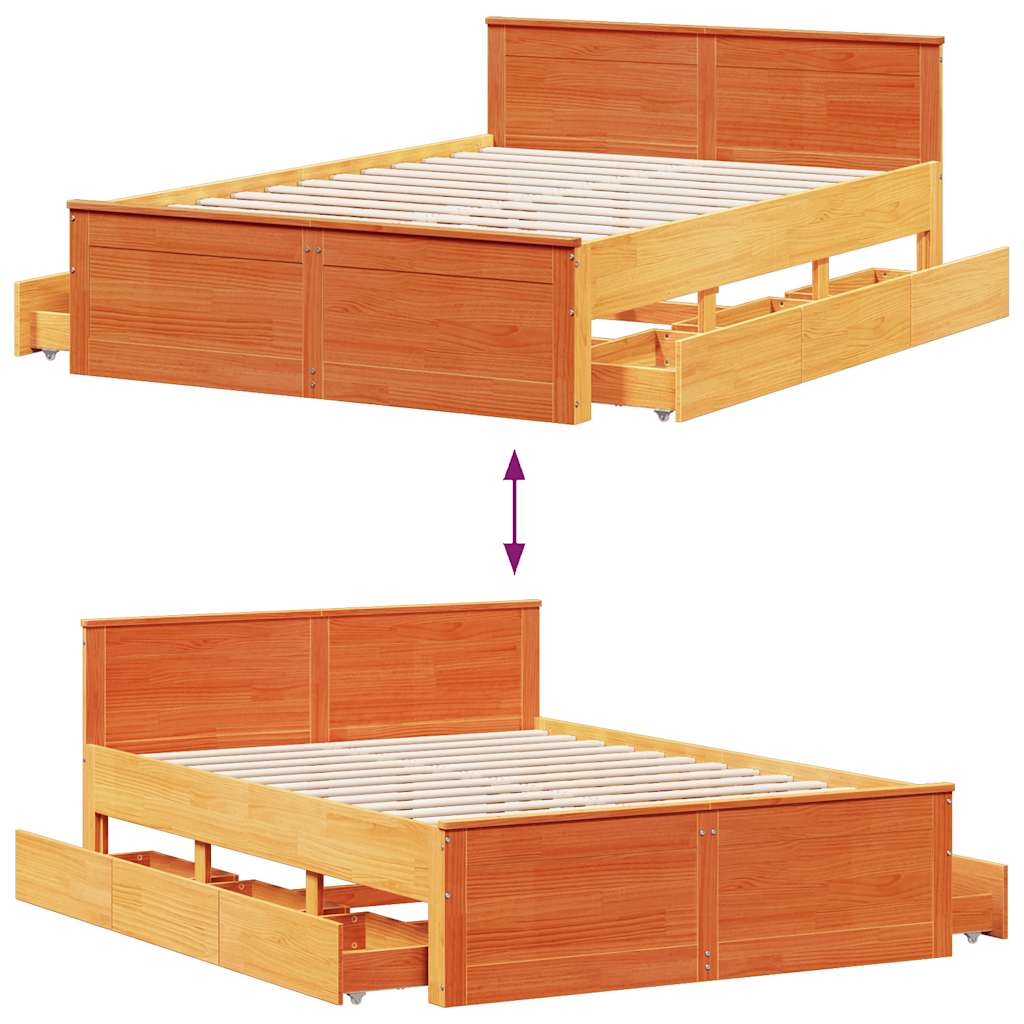 vidaXL Bed Frame without Mattress with Headboard Wax Brown 140x190 cm Solid Wood Pine