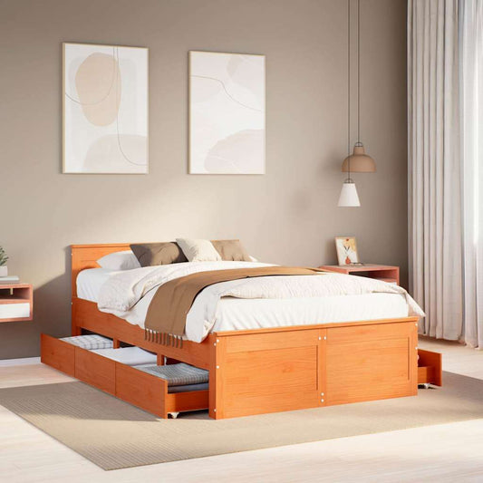 vidaXL Bed Frame without Mattress with Headboard Wax Brown 120x190 cm Small Double Solid Wood Pine