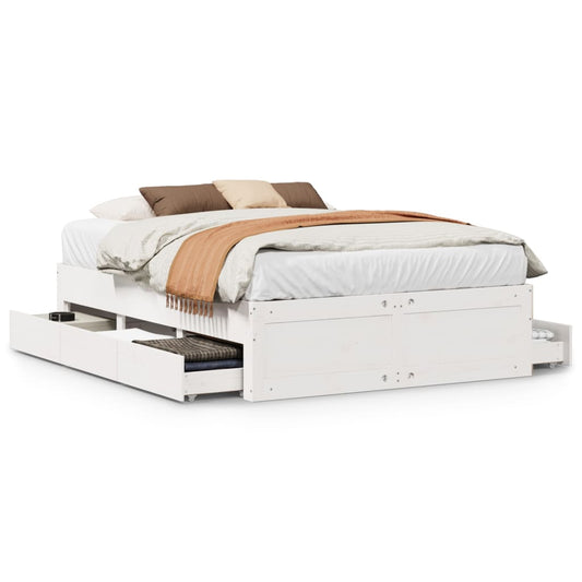 vidaXL Bed Frame without Mattress with Drawers White 150x200 cm King Size Solid Wood Pine