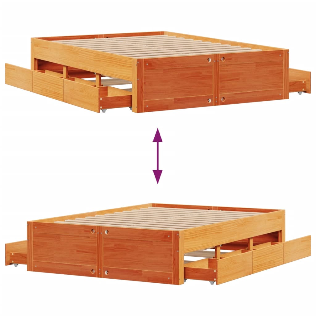 vidaXL Bed Frame without Mattress with Drawers Wax Brown 150x200 cm King Size Solid Wood Pine