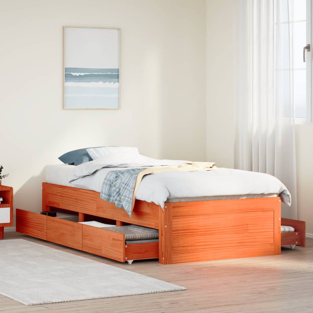 vidaXL Bed Frame without Mattress with Drawers Wax Brown 100x200 cm Solid Wood Pine