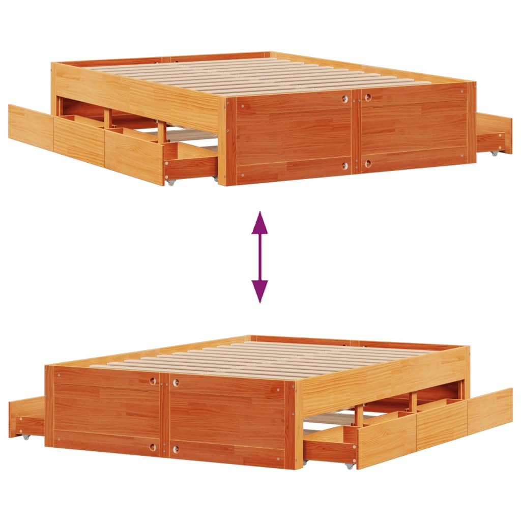 vidaXL Bed Frame without Mattress with Drawers Wax Brown 140x190 cm Solid Wood Pine