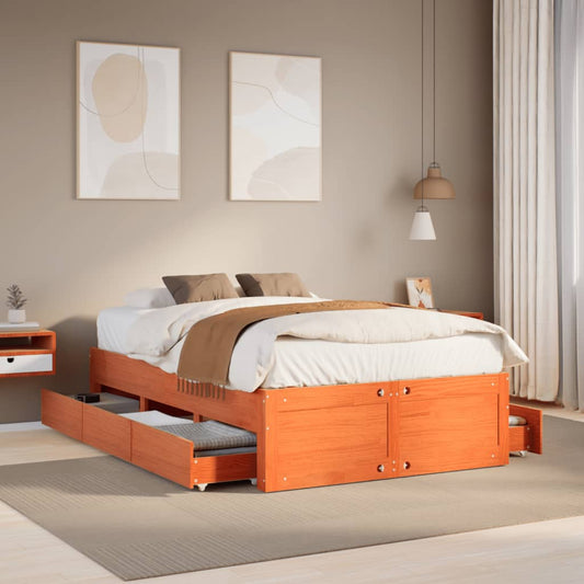 vidaXL Bed Frame without Mattress with Drawers Wax Brown 120x190 cm Small Double Solid Wood Pine