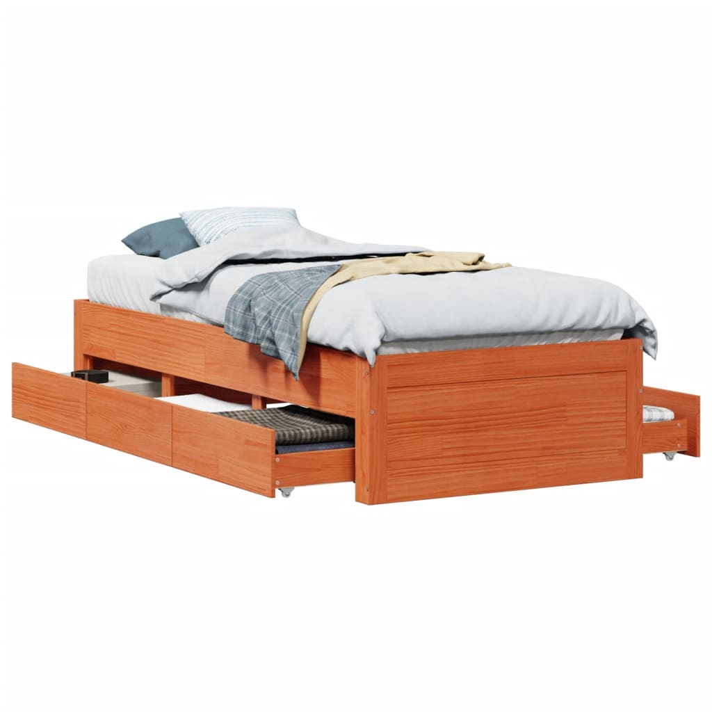 vidaXL Bed Frame without Mattress with Drawers Wax Brown 90x190 cm Single Solid Wood Pine