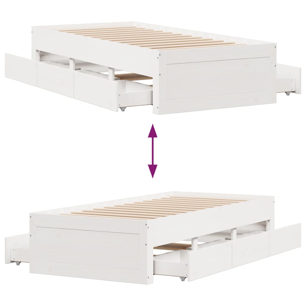 vidaXL Bed Frame without Mattress with Drawers White 75x190 cm Small Single Solid Wood Pine