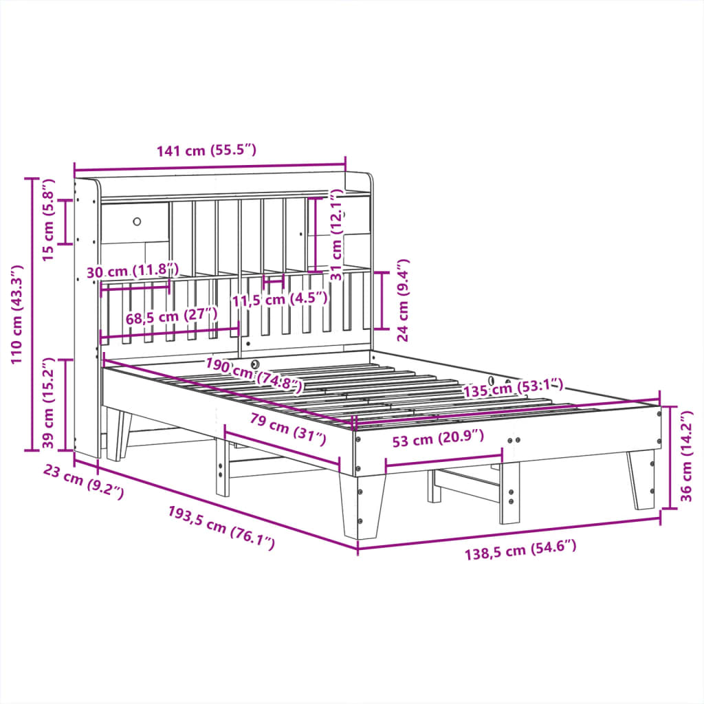 vidaXL Bed Frame without Mattress Wax Brown 135x190 cm Solid Wood Pine