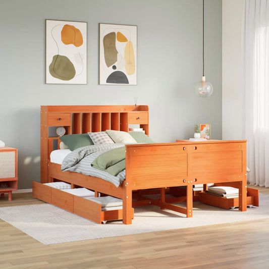 vidaXL Bookcase Bed without Mattress Wax Brown 150x200 cm King Solid Wood Pine