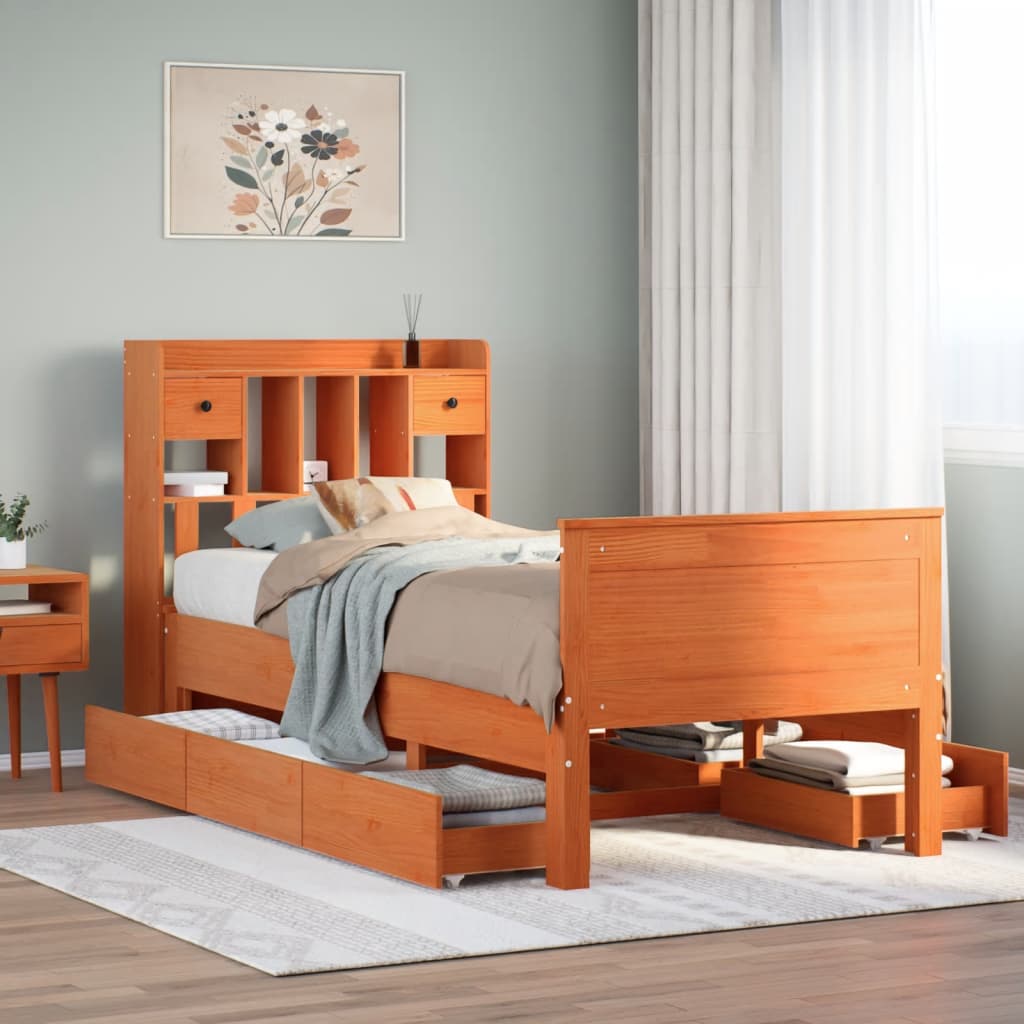 vidaXL Bookcase Bed without Mattress Wax Brown 100x200 cm Solid Wood Pine