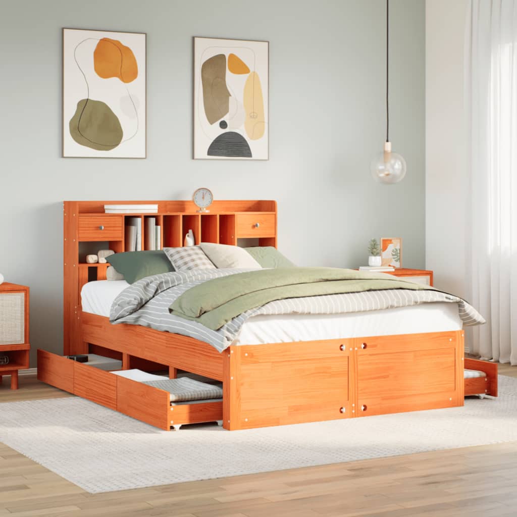 vidaXL Bookcase Bed without Mattress Wax Brown 150x200 cm King Size Solid Wood Pine