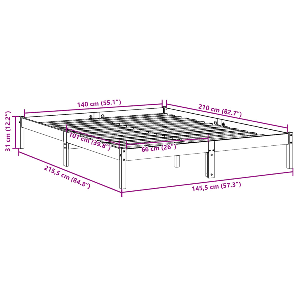 vidaXL Extra Long Bed Frame without Mattress 140x210 cm Solid Wood Pine