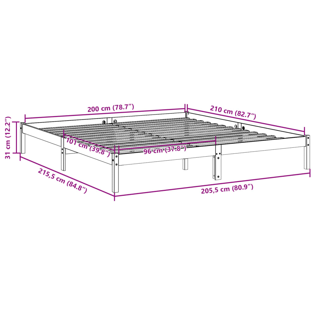 vidaXL Extra Long Bed Frame without Mattress White 200x210 cm Solid Wood Pine