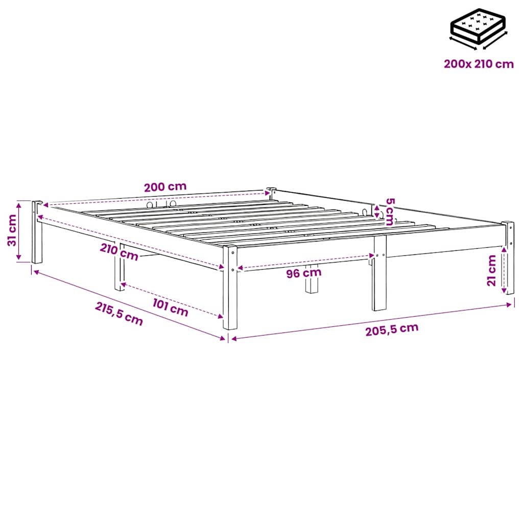 vidaXL Extra Long Bed Frame without Mattress White 200x210 cm