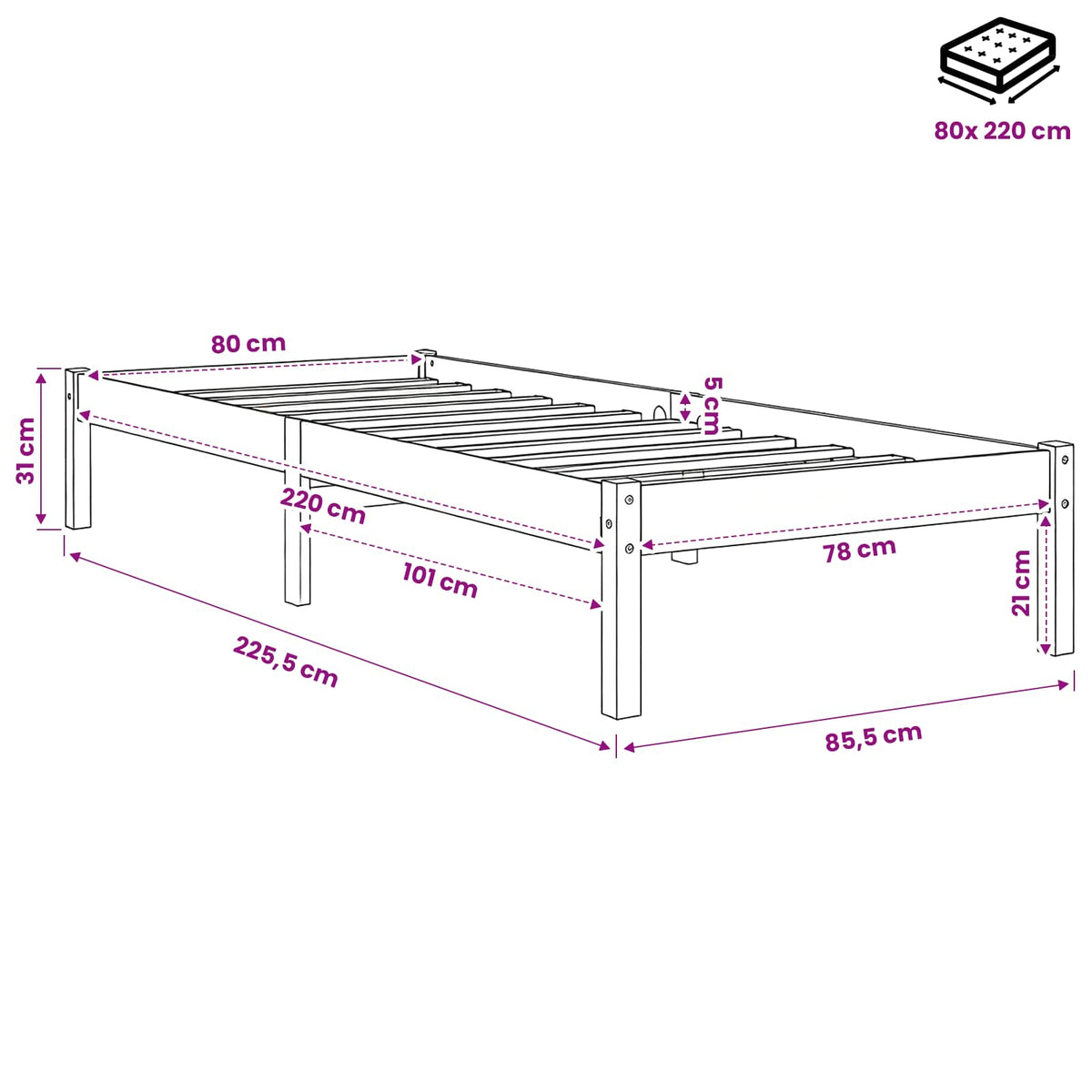 vidaXL Extra Long Bed Frame without Mattress 80x220 cm Solid Wood Pine