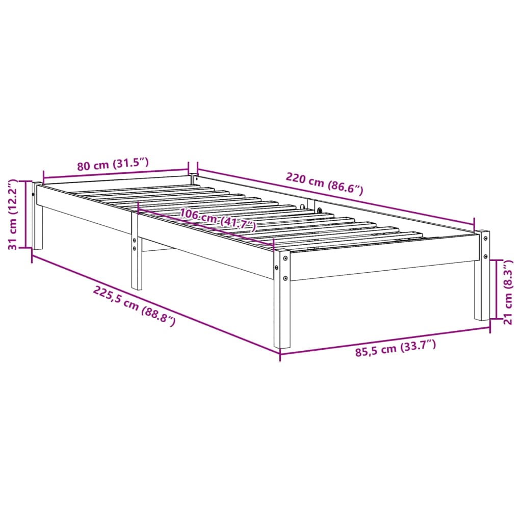 vidaXL Extra Long Bed Frame without Mattress White 80x220 cm Solid Wood Pine