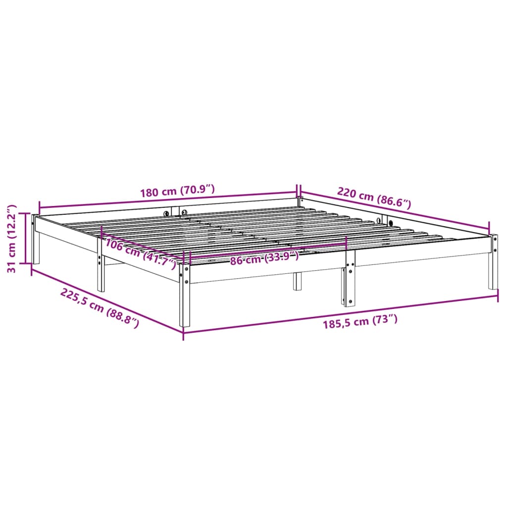vidaXL Extra Long Bed Frame without Mattress 180x220 cm Solid Wood Pine