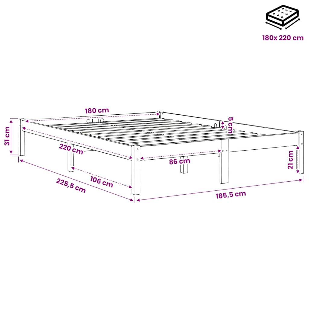 vidaXL Extra Long Bed Frame without Mattress 180x220cm Solid Wood Pine