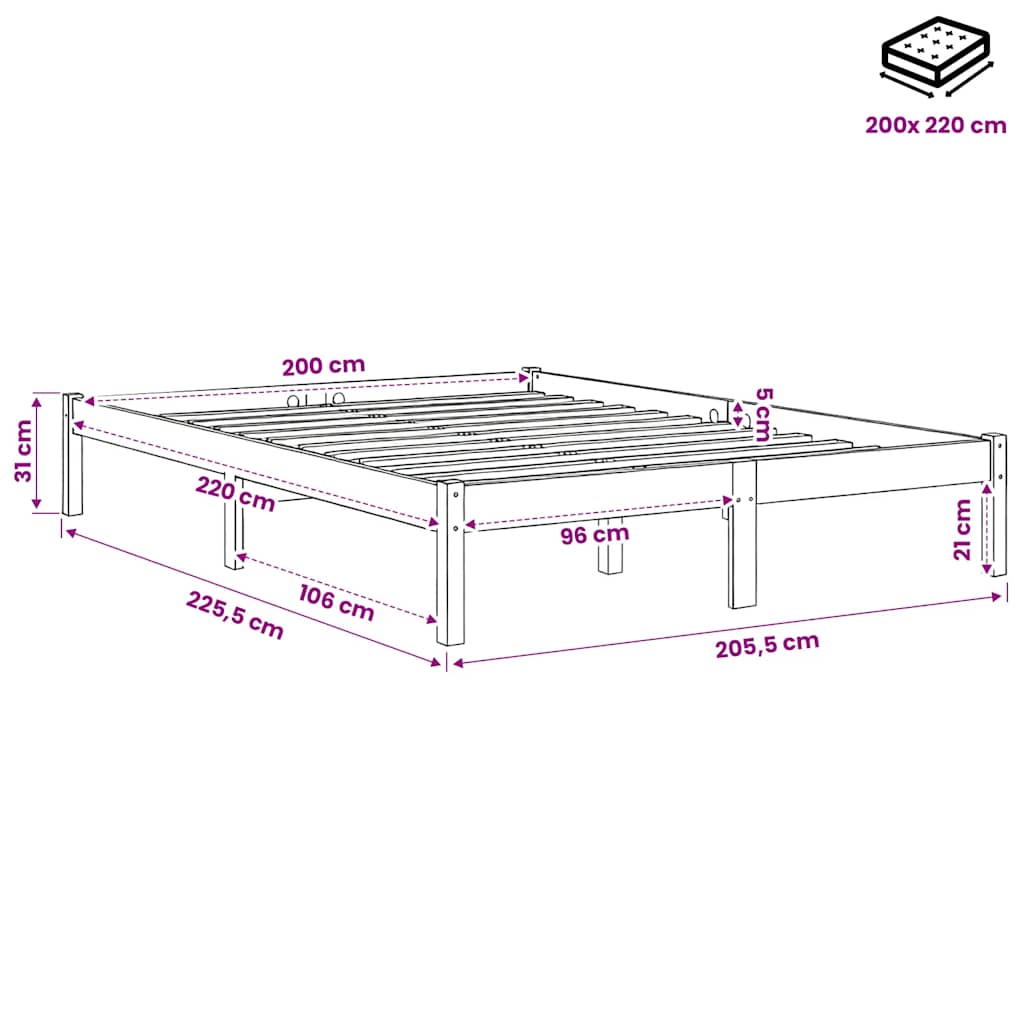 vidaXL Extra Long Bed Frame without Mattress 200x220cm Solid Wood Pine