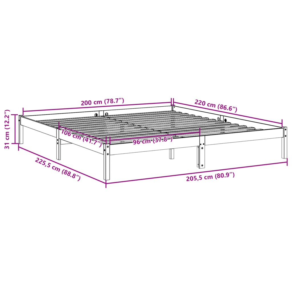 vidaXL Extra Long Bed Frame without Mattress White 200x220 cm Solid Wood Pine