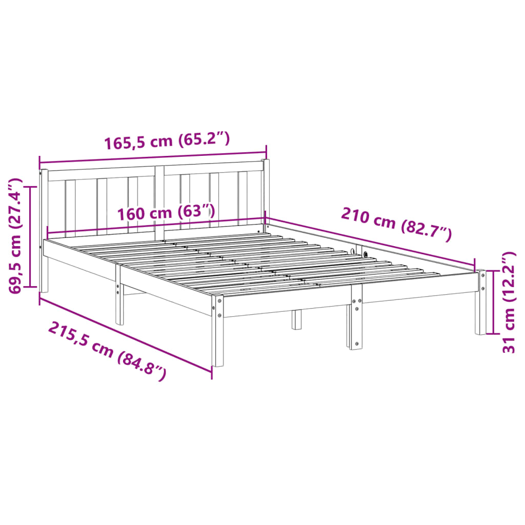 vidaXL Extra Long Bed Frame without Mattress 160x210 cm Solid Wood Pine