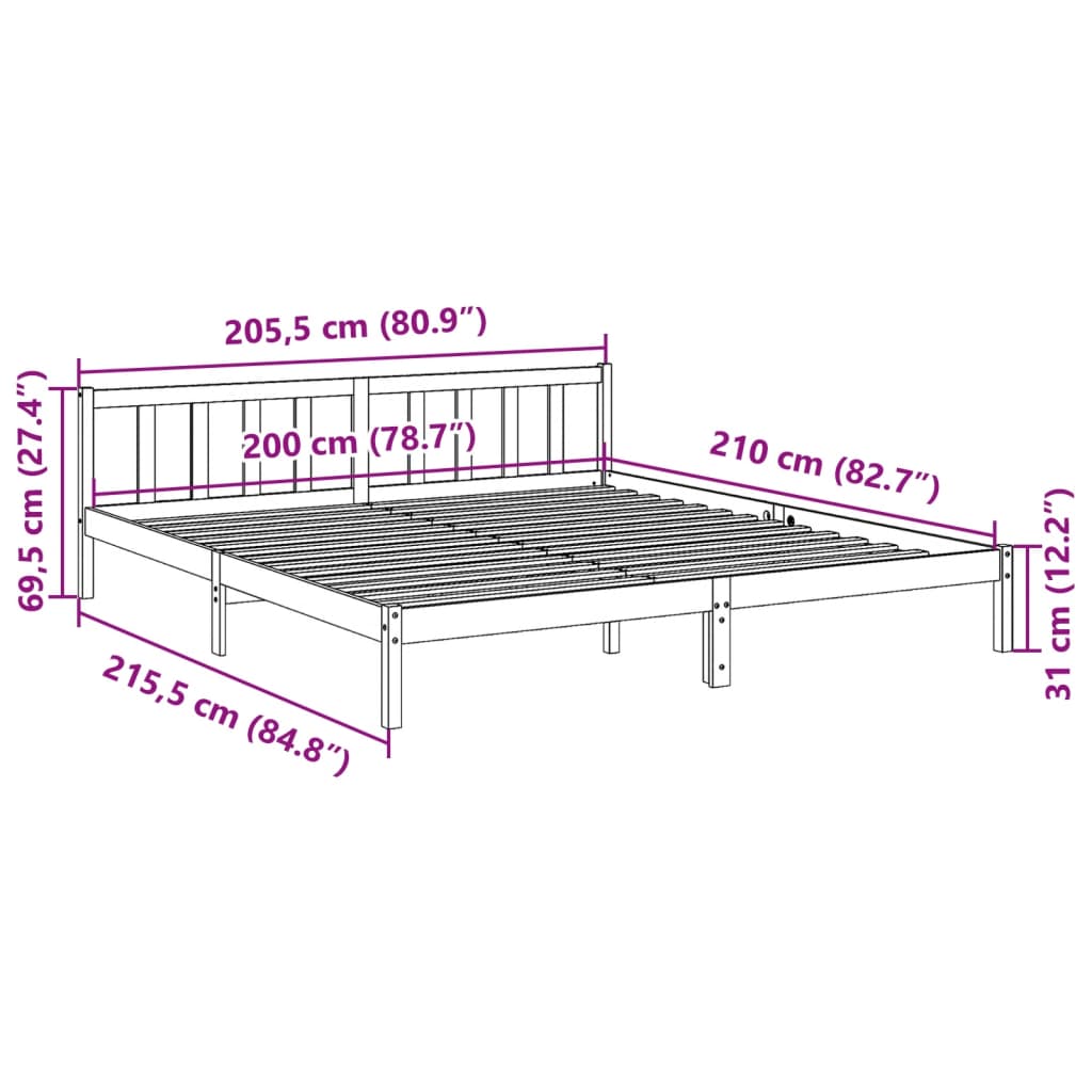 vidaXL Extra Long Bed Frame without Mattress White 200x210 cm Solid Wood Pine