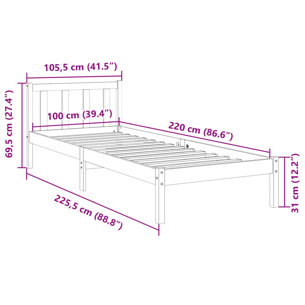 vidaXL Extra Long Bed Frame without Mattress White 100x220 cm Solid Wood Pine