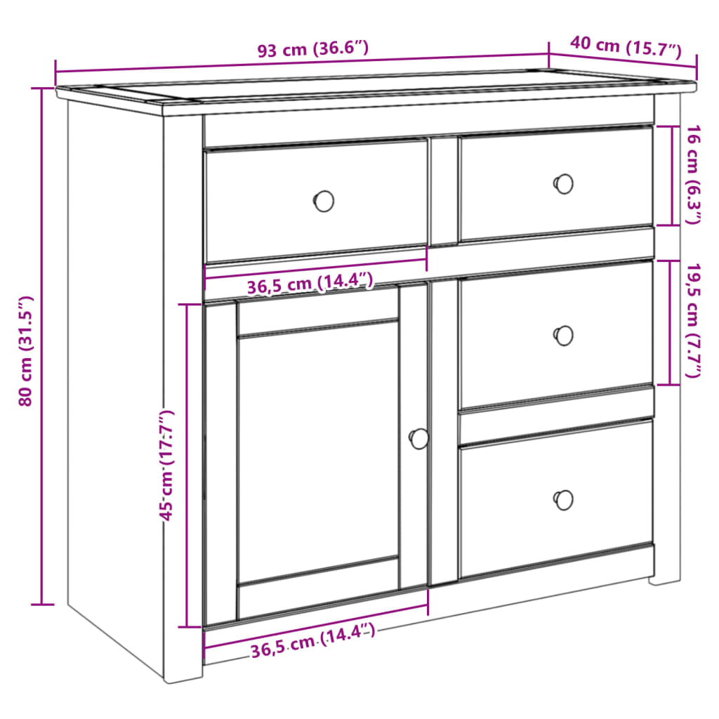 vidaXL Sideboard with Drawers PANAMA 93x40x80 cm Solid Wood Pine