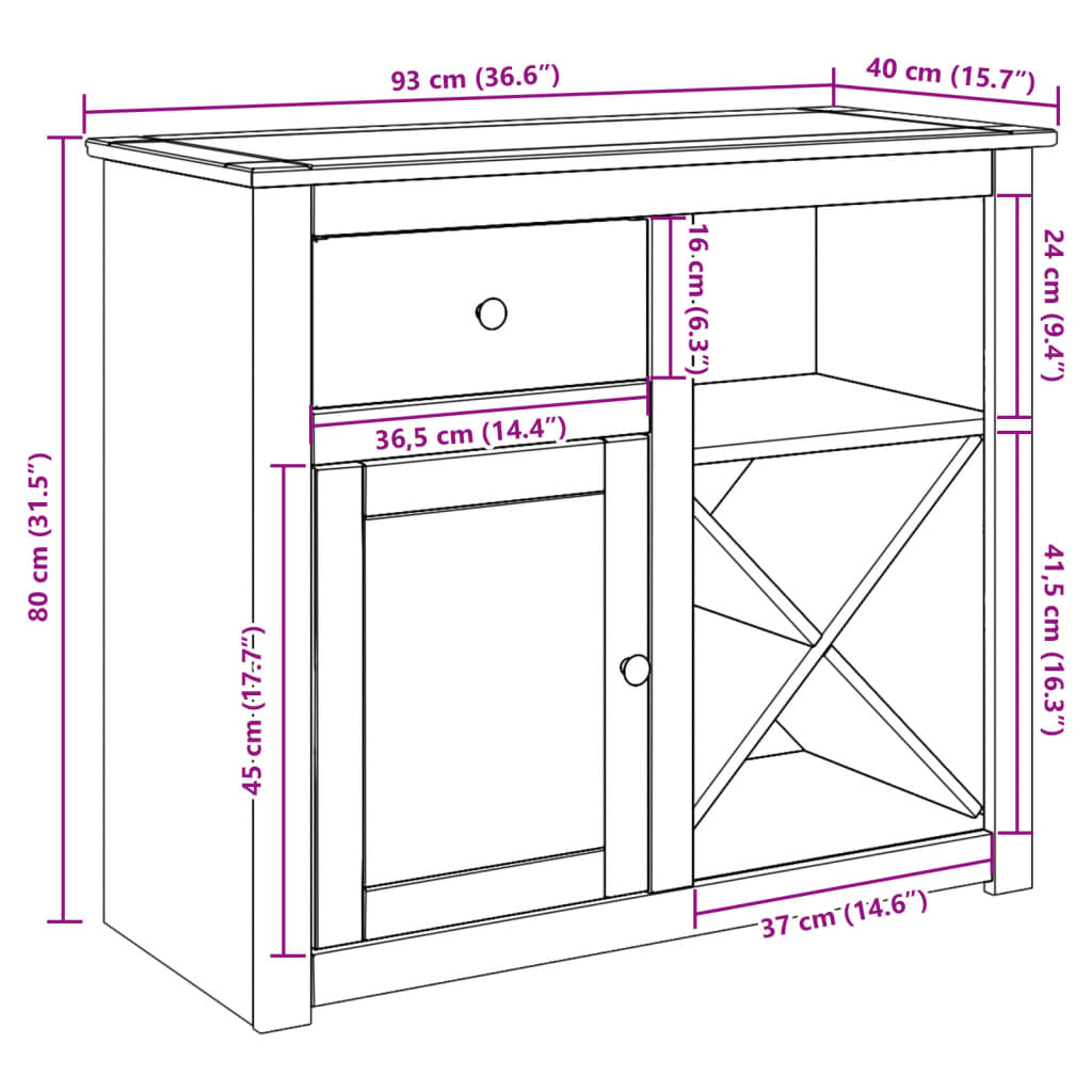 vidaXL Sideboard with Drawer PANAMA 93x40x80 cm Solid Wood Pine